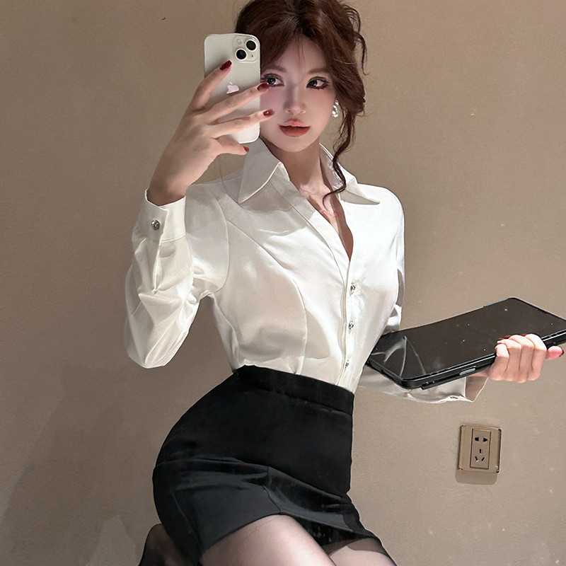 高货速发长袖性感V领白衬衫套装职业工作服春秋修身秘书OL制服包