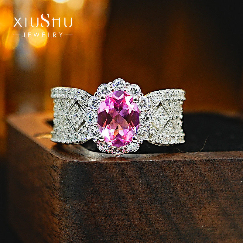 新款花朵蕾丝银卢比来粉碧玺戒指镶嵌高碳钻冰花切气质小众女,饰品/流行首饰/时尚饰品新,戒指/指环,淘宝优惠券,粉丝福利购,淘宝优惠卷