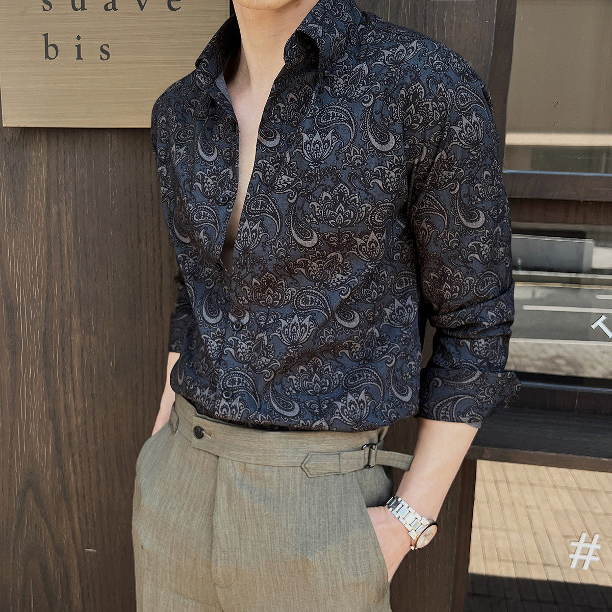 厂家英伦雅痞男装高级感黑色印花衬衫男长袖潮流修身韩版商务休闲