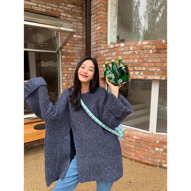秋冬外穿设计感粗毛线保暖韩版开叉毛衣女慵懒风宽松套头女
