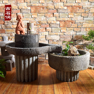长嘴老石磨盘旧石器家用手工磨户外庭院石槽流水摆件组合阳台水景