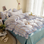 奶油有氧花边款 新款 风针织棉法式 双层纱四件套学生三件套家用床品