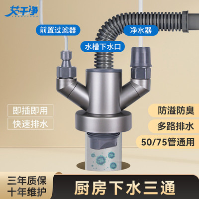 艾干净厨房下水管道排水三通洗碗机水槽下水多功能接头防臭枪灰铬