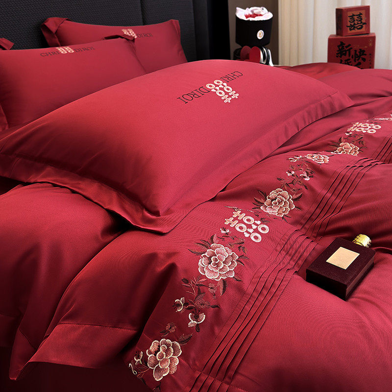 中式喜字结婚四件套大红色新婚陪嫁被套纯棉婚庆床上用品婚房喜被,床上用品,婚庆床品套件,淘宝优惠券,粉丝福利购,淘宝优惠卷