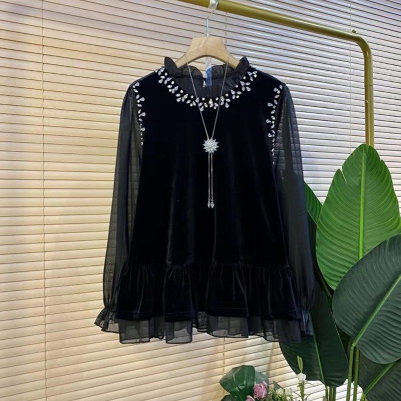 胖妹妹名媛钉珠气质小衫拼接假两件丝绒上衣百搭减龄衬衫遮肚子,女装/女士精品,大码内搭,淘宝优惠券,粉丝福利购,淘宝优惠卷