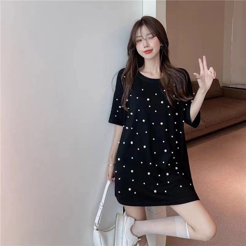 大码胖MM夏设计感珍珠铆钉网红甜辣风BF潮中长款圆领宽松短袖T恤,女装/女士精品,大码内搭,淘宝优惠券,粉丝福利购,淘宝优惠卷