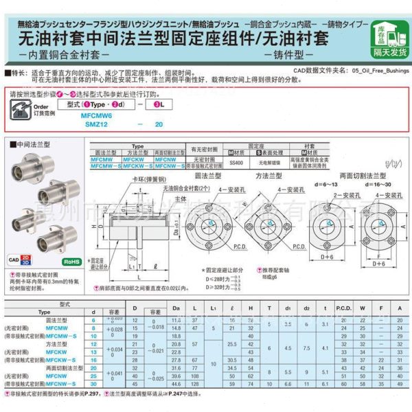 厂促无油衬套中间法兰型固定座组件 MFCNW13/16/20 替米苏米ISUMI