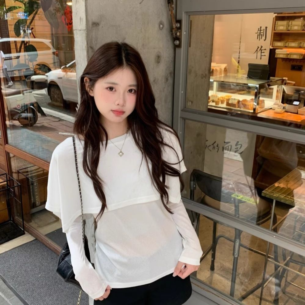 白色假两件斗篷披肩长袖T恤女早秋设计感小众打底衫独特别致上衣