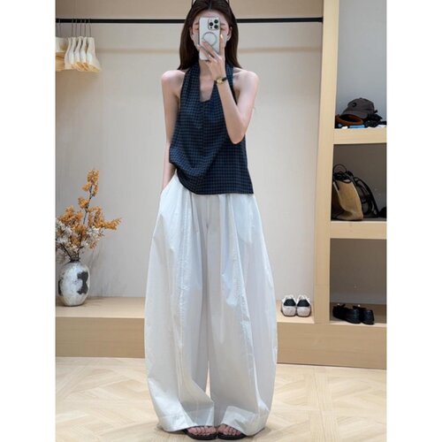 MARIE.COCO夏季新款韩系格子拼接挂脖露肩上衣女松弛感阔腿休闲裤