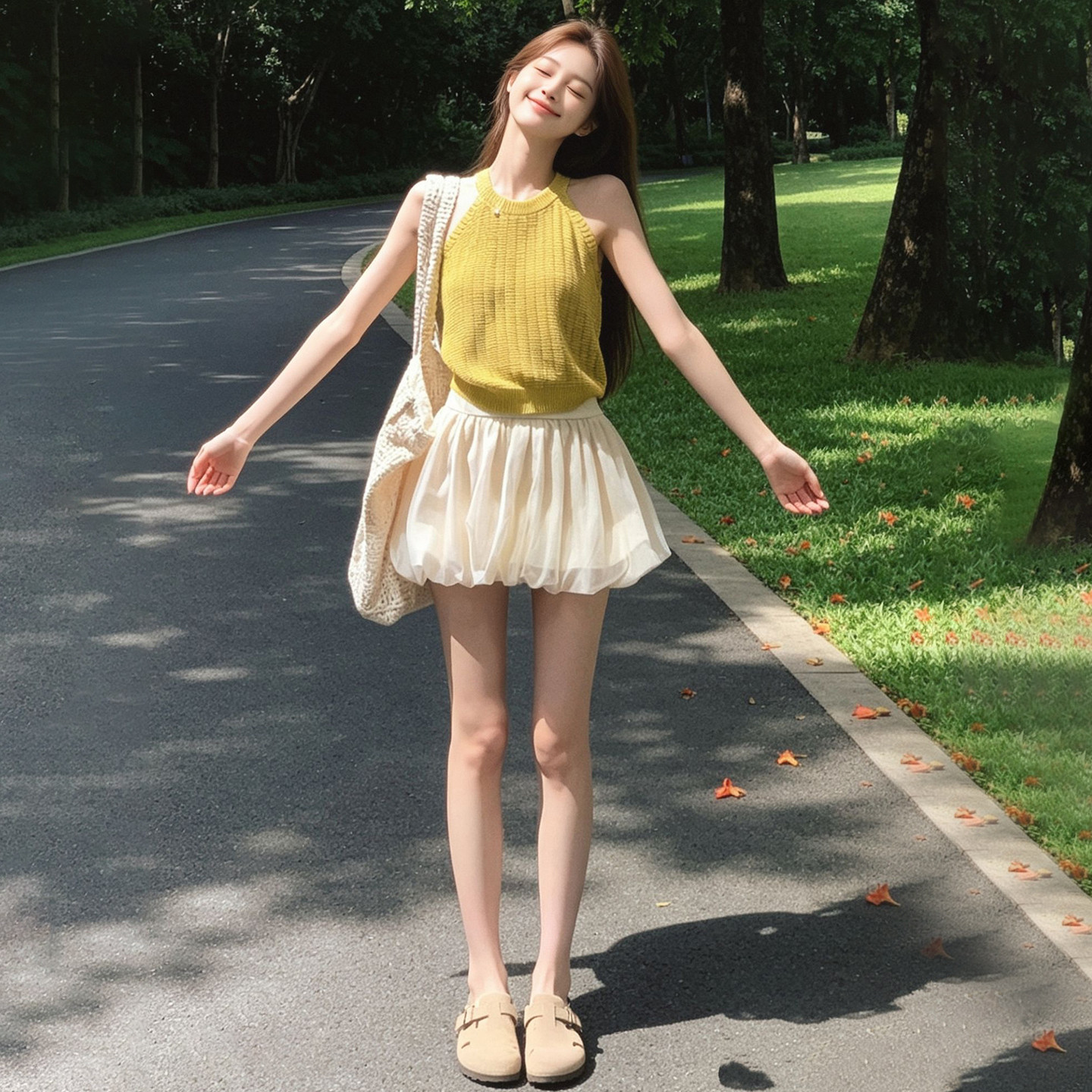韩系黄色无袖背心连衣裙子女夏季多巴胺爆款挂脖上衣花苞短裙套装