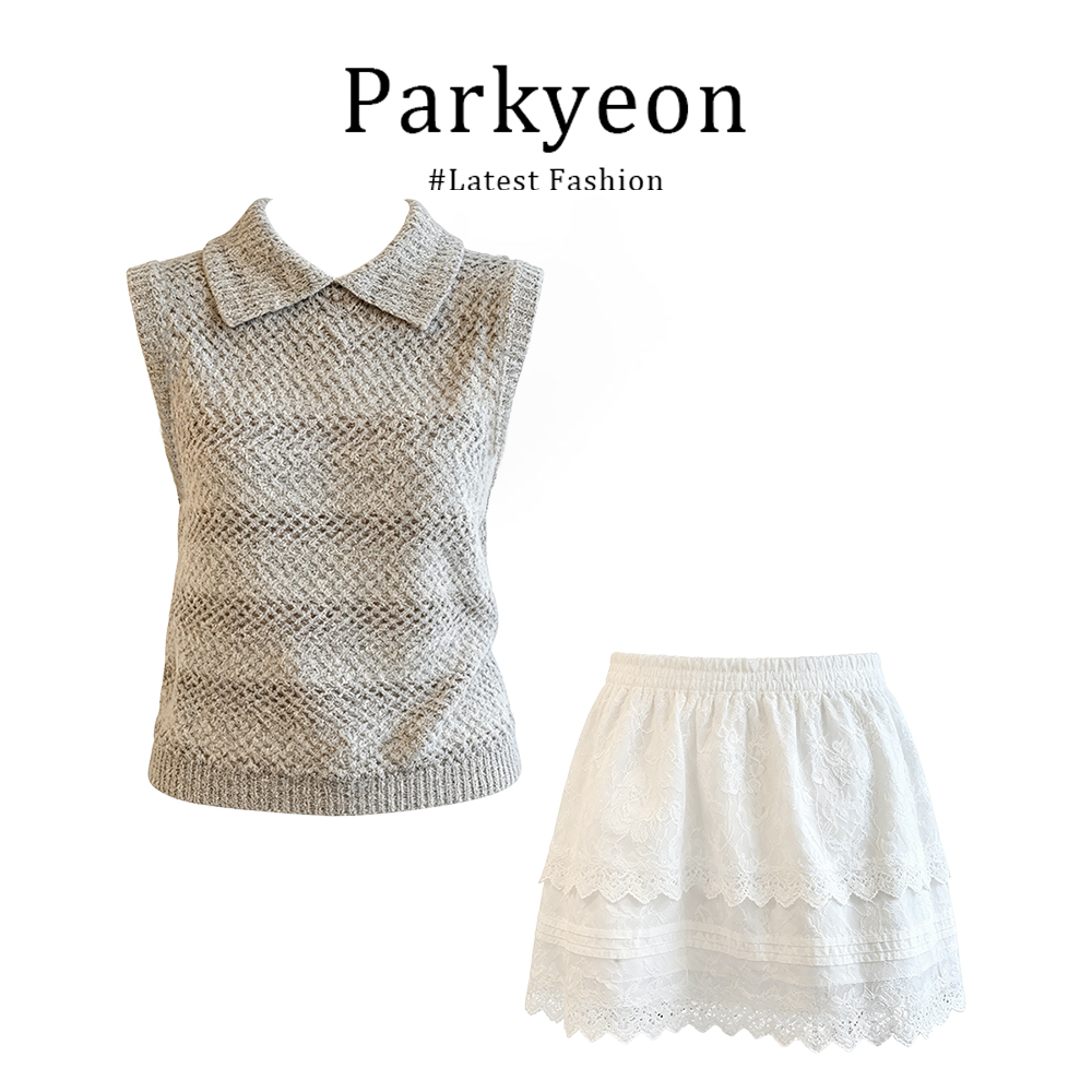 parkyeon夏日穿搭翻领针织马甲背心上衣高腰蕾丝花边半身裙套装