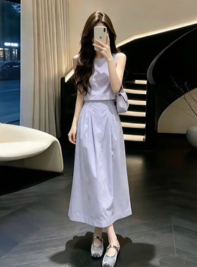 小个子简单大方的紫色无袖背心连衣裙子女装夏季2026新款气质套装