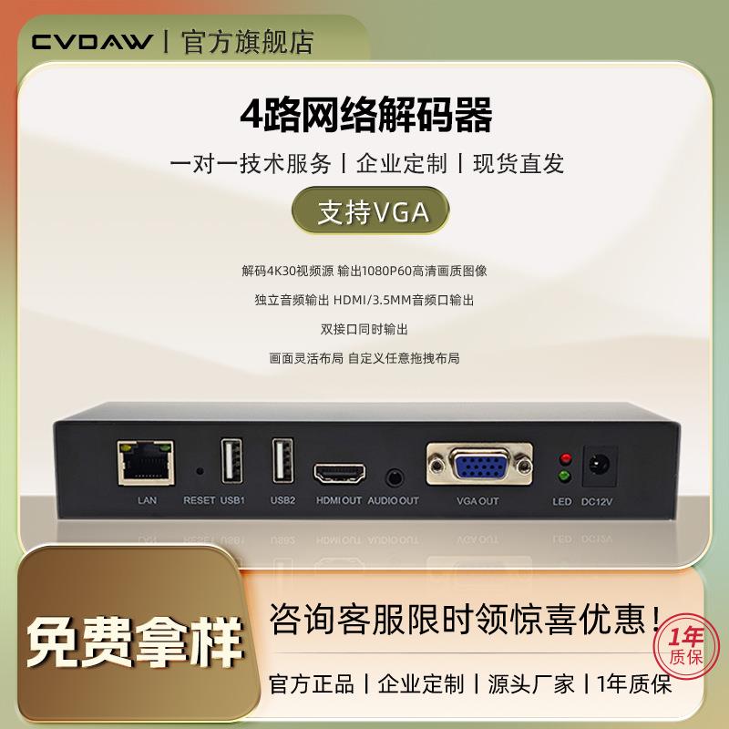 4路监控视频解码器视频上墙直播推流画面拼接H.265转VGA/HDMI