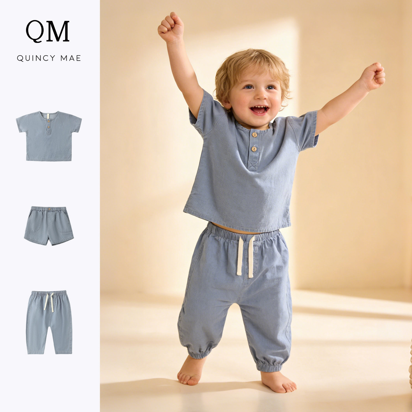 Quincy Mae儿童牛仔短袖长裤子T恤套装夏季全棉男童休闲家居服2件