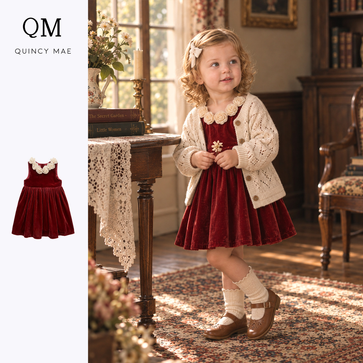 QuincyMae女童红花朵丝绒连衣裙公主生日裙洋气花边领周岁礼服裙