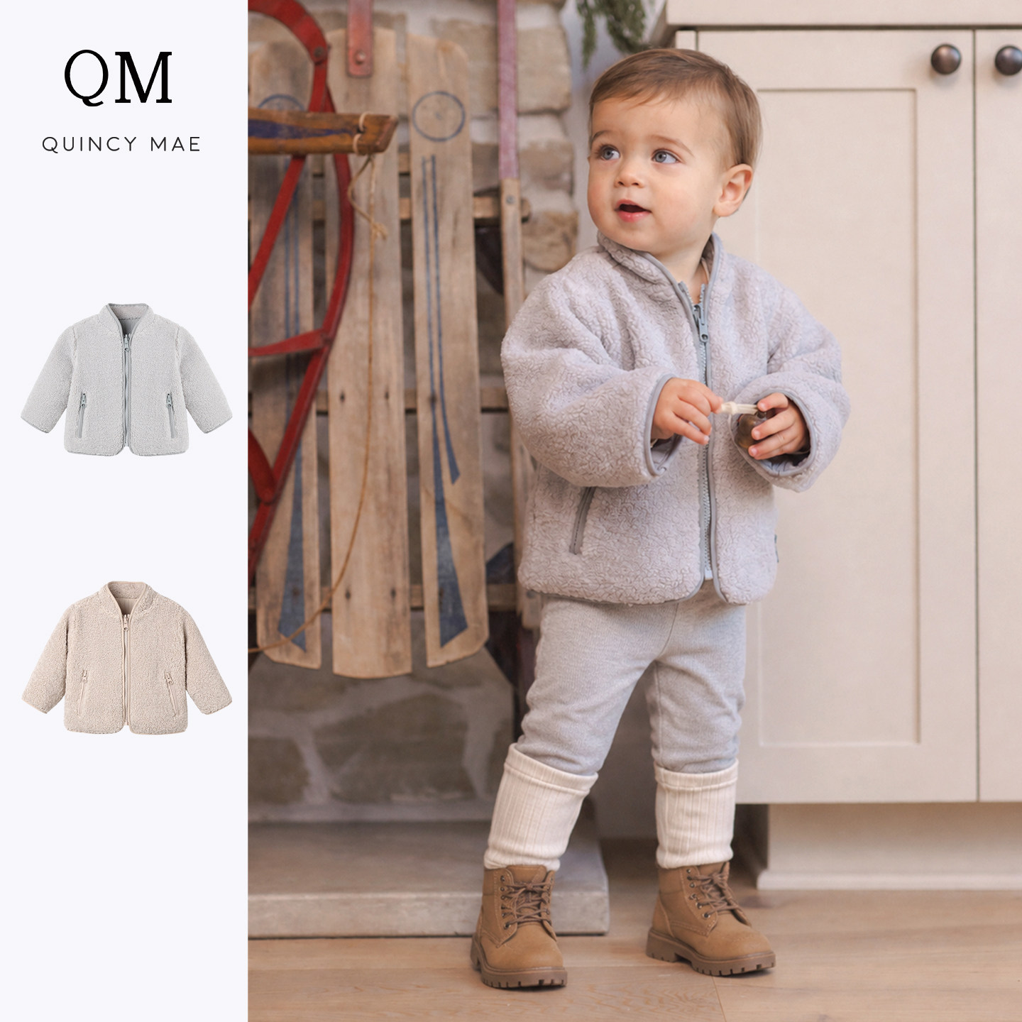Quincy Mae女童双面摇粒绒外套秋冬加厚保暖拉链棉服婴幼儿棉袄