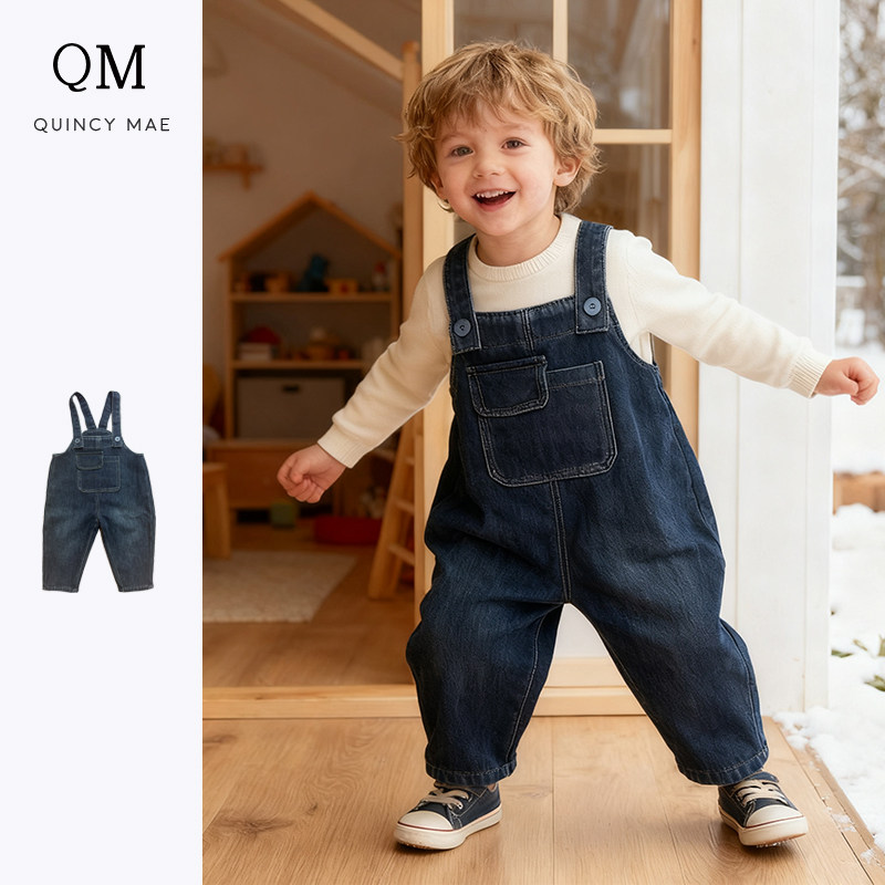 Quincy Mae儿童牛仔背带裤宝宝婴童款加绒春秋牛仔裤休闲风连身衣