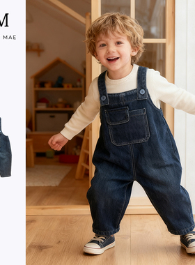 Quincy Mae复古宽松男女同款加绒秋冬保暖牛仔背带裤