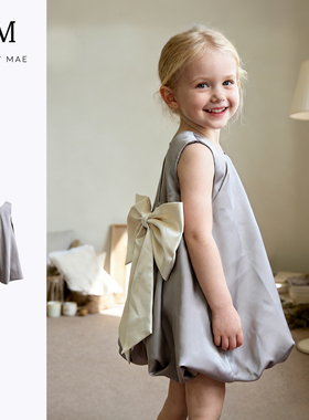 Quincy mae女童度假花苞连衣裙春无袖大蝴蝶结灰色公主裙洋气时髦