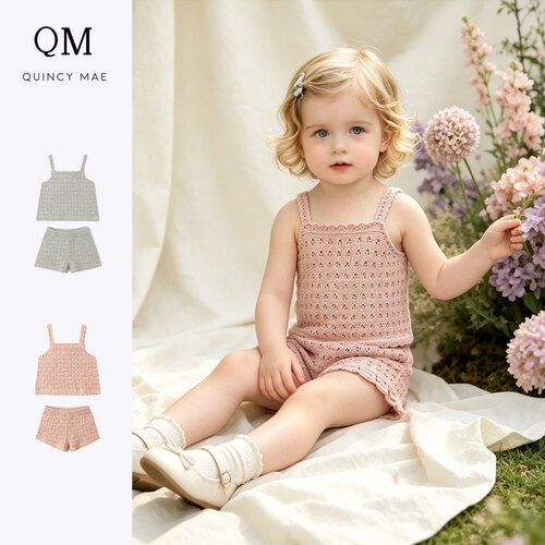 Quincy Mae针织吊带短裤套装26新品女童夏季甜美花边家居服两件套