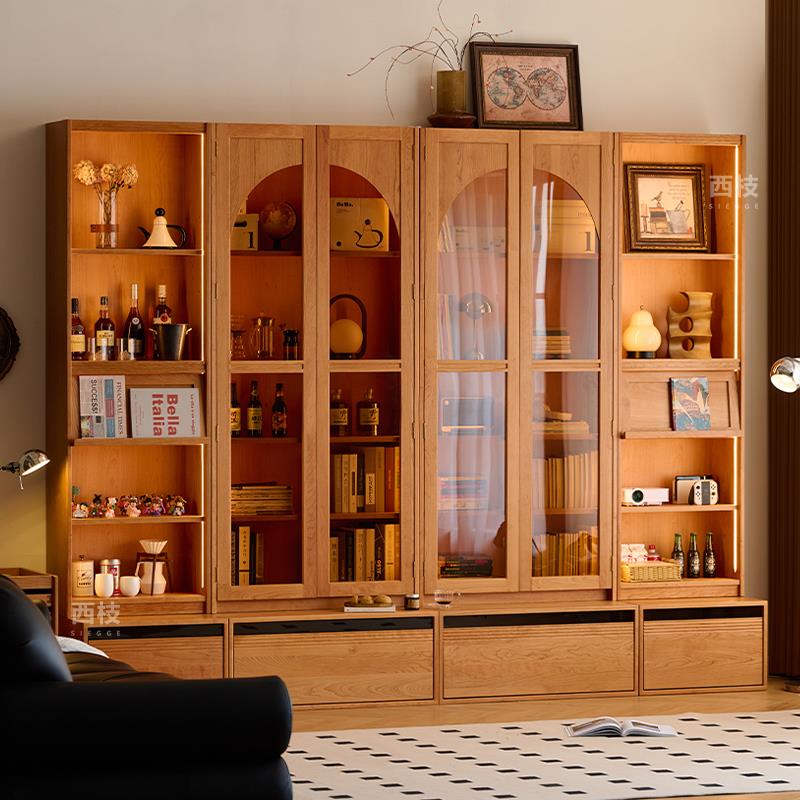 西枝实木卡座书柜去客厅化一体整墙樱桃木书架柜带玻璃落地组合柜