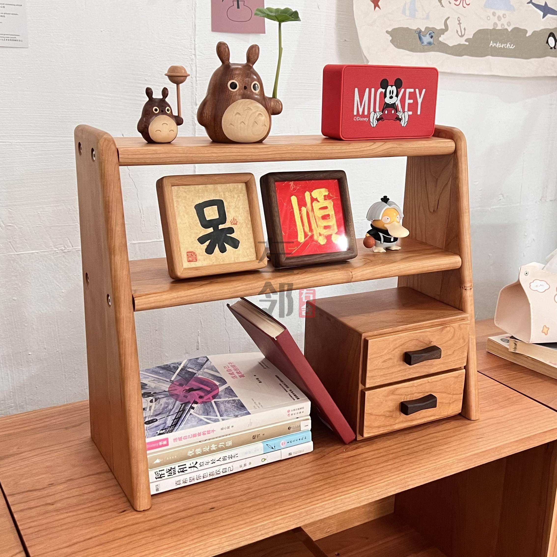 全实木樱桃木置物架 家用北欧杯子收纳架 双层黑胡桃咖啡角储物架