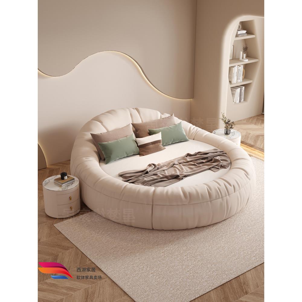 科技布艺床奶油风大圆床圆形双人公主卧情侣儿童酒店情侣豪华婚床