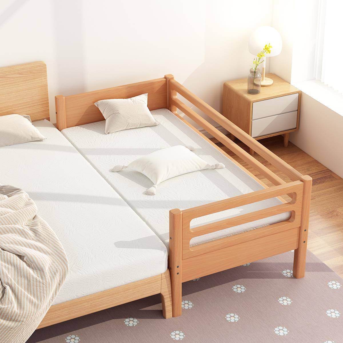 实木儿童床带护栏榉木拼床宝宝床边床婴儿小床加宽拼接床大床延边