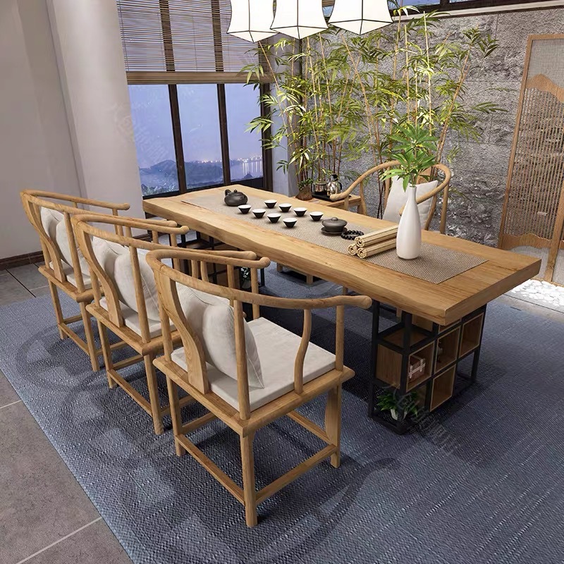 新中式实木茶桌 家用可收纳格子洽谈泡茶桌 休息室会客茶桌椅组合