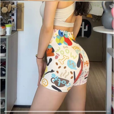 彩色印花针织瑜伽短裤三分蜜桃臀跑步运动健身短裤套装可爱多巴胺