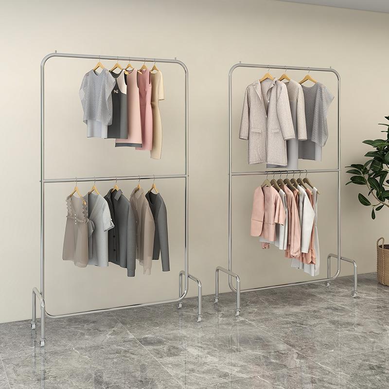 服装店展示架不锈钢拉丝银落地式双层可调节挂衣杆女装店带轮货架