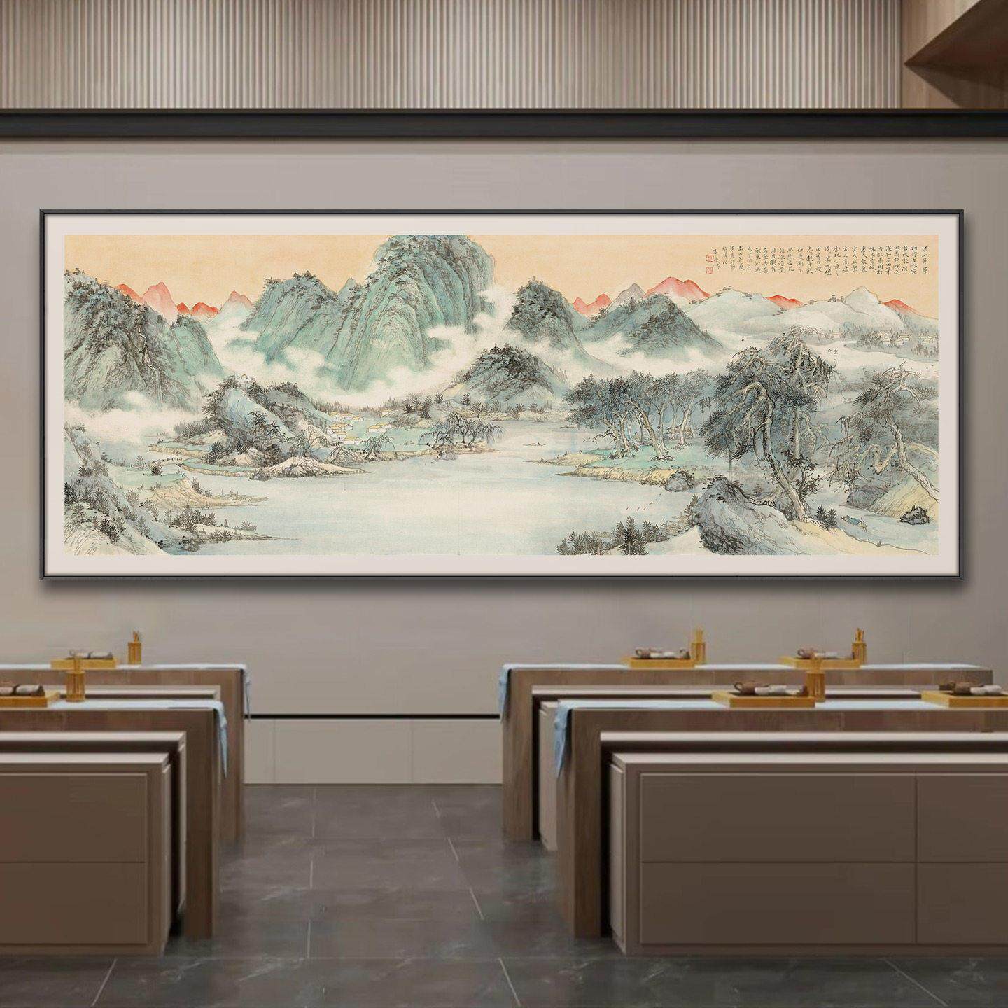 新中式酒店样板间会议接待室大尺寸山水装饰画客厅茶室背景墙挂画