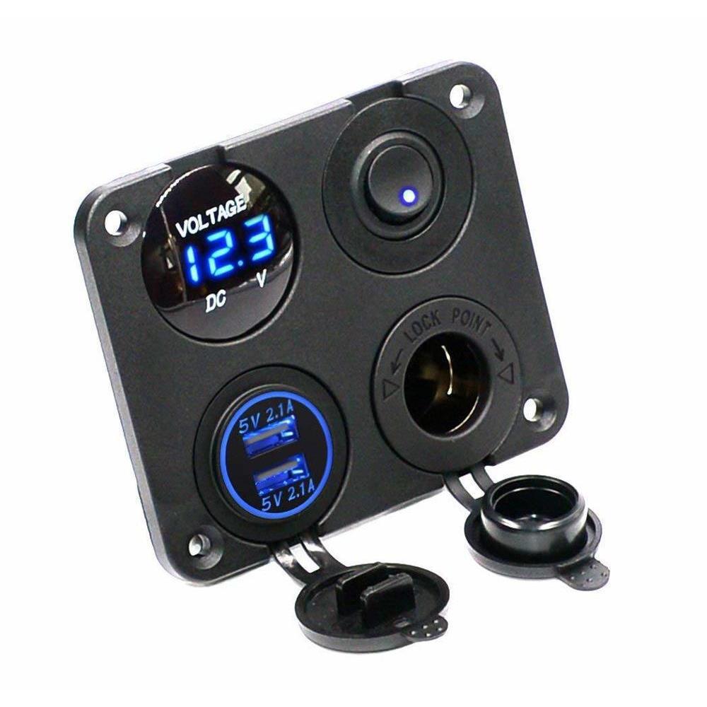 车船用4.2A双USB充电器+电压表+12V电源插座+开关多功能组合 蓝灯