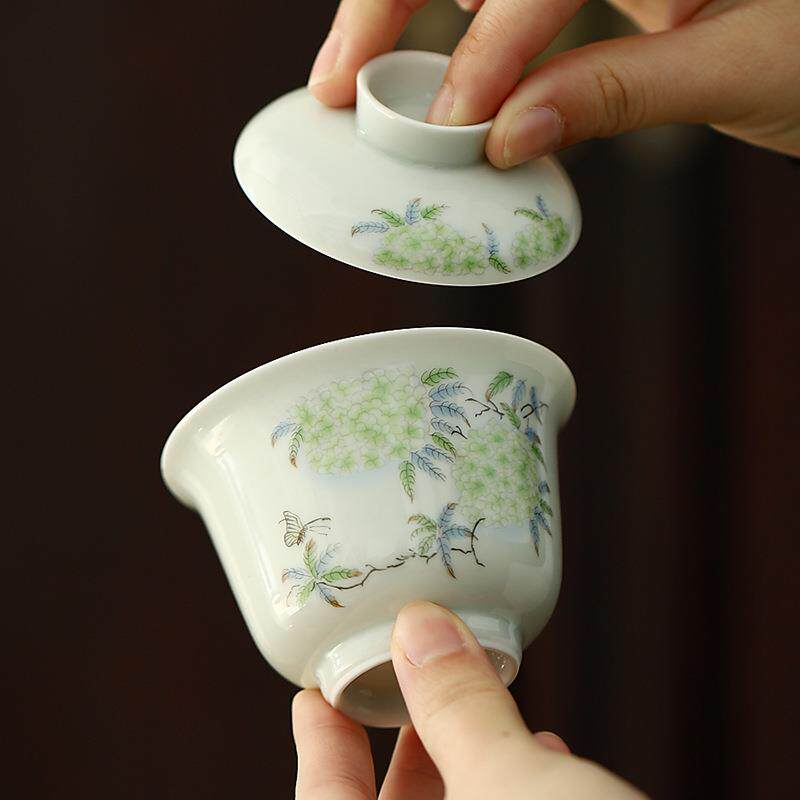 仿古诗文素雅盖碗茶杯单个陶瓷二才泡茶碗茶室功夫茶文艺禅茶艺