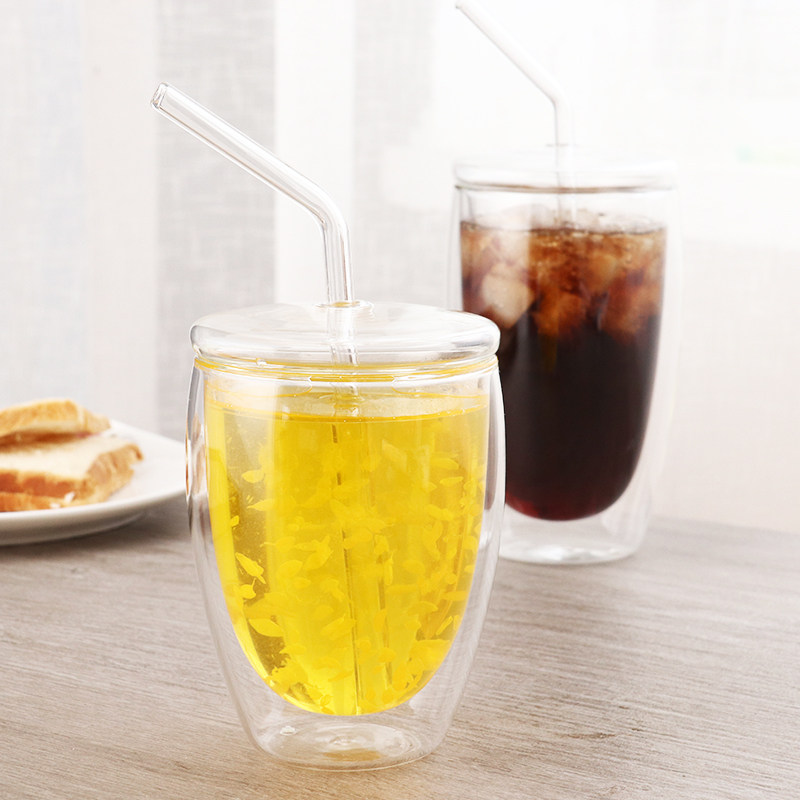 玻璃吸管杯双层隔热玻璃水杯带孔吸管盖子奶茶杯果汁饮料咖啡杯子图片