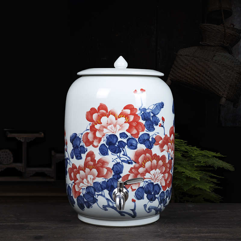 带龙头手绘陶瓷储水缸茶道泡茶抽水桶家用厨房饮用水箱油米缸带盖