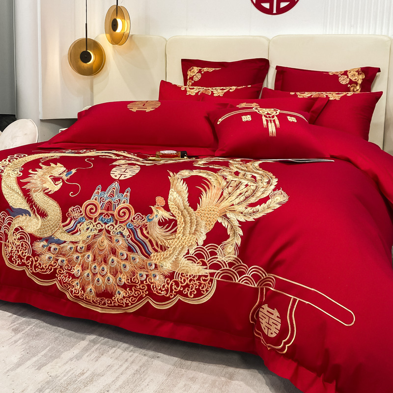 高档中式婚庆四件套结婚大红色刺绣被套床单新婚床上用品婚嫁婚房