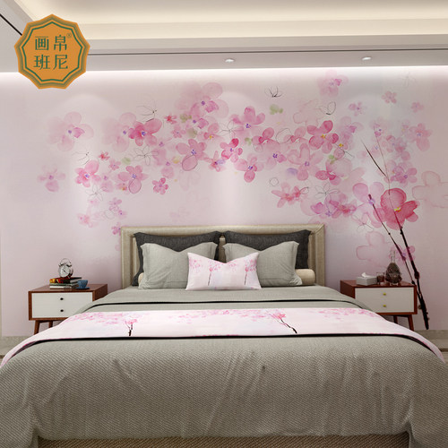 画帛手绘水彩花卉卧室墙纸粉色梅花电视背景墙壁纸个性婚房墙布
