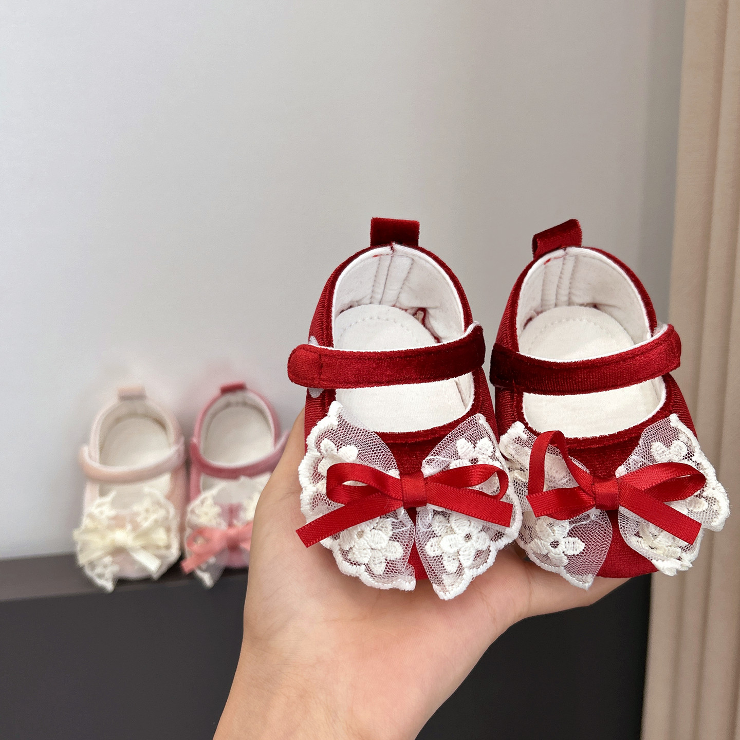 春秋季丝绒喜庆婴幼儿学步鞋