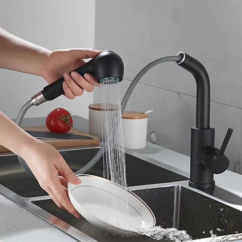 黑色抽拉龙头冷热厨房抽拉龙头水槽水池双功能烟斗款龙头烤漆电镀