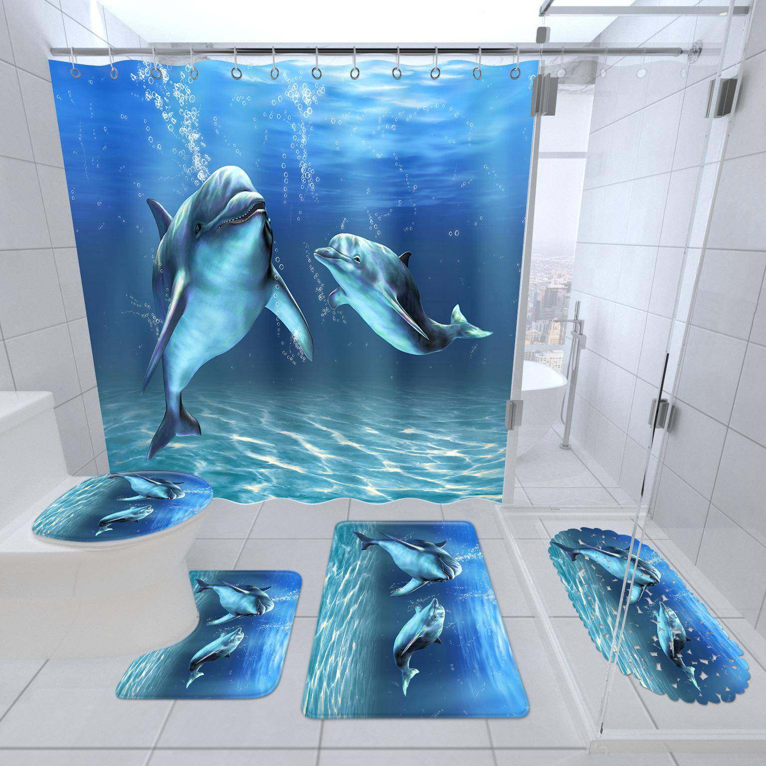 海豚跃动浴帘浴室地垫组合五件套装卫生间地毯淋浴房门垫脚垫