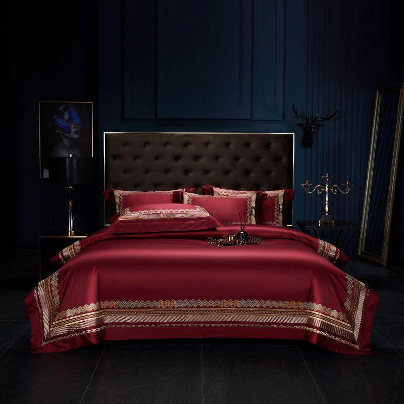 欧式轻奢风160支双股长绒棉绣花四件套全棉贡缎刺绣被套床上用品