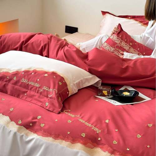 婚庆款长绒棉绣花拼色结婚纯棉用品床上四件套喜庆婚房