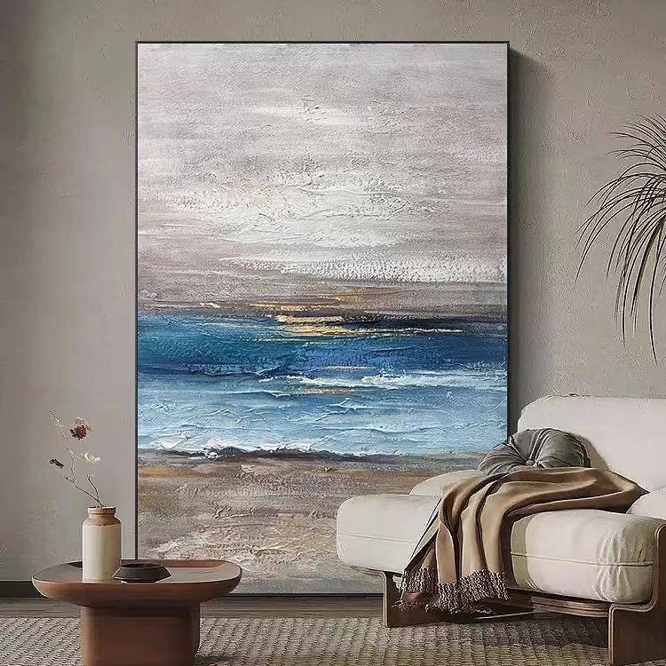 纯手绘抽象海景肌理油画现代落地画客厅玄关入户挂画大尺寸装饰画