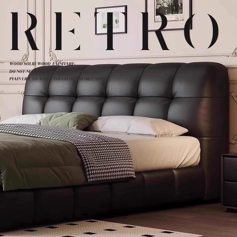 意式极简黑色现代简约真皮床奶油风泡芙高端大气轻奢储物主卧婚床