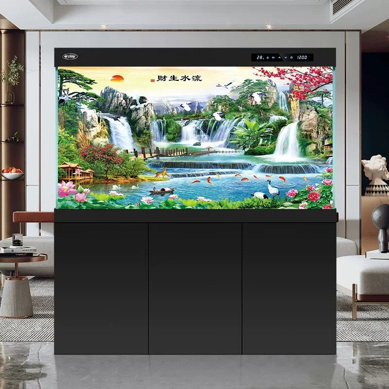 鱼缸背景贴纸3d立体高清图5d水族箱流水生财造景装饰画山水画壁纸