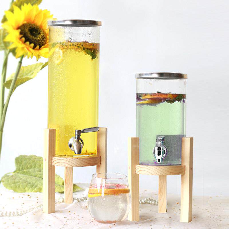 耐热玻璃果汁罐木架子带龙头冷水壶5斤不锈钢酒瓶酒店自助饮料桶