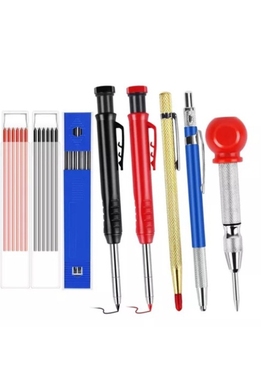 2.8木工深孔铅笔黑红色+金黄色合金划线笔+2.0蓝色笔带帽中心冲