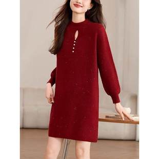 小个子中长款红色毛衣裙女秋冬季2024新款配大衣连衣裙内搭打底衫