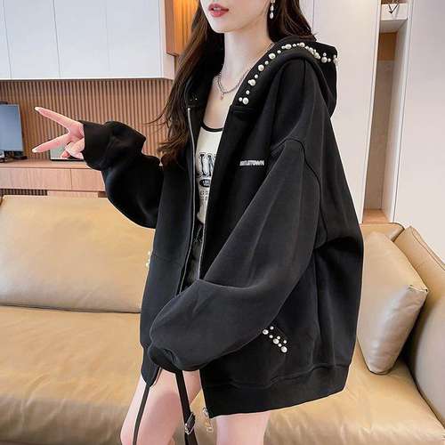 初秋外套女2025新款春秋韩系慵懒重工珍珠刺绣连帽卫衣棒球服夹克